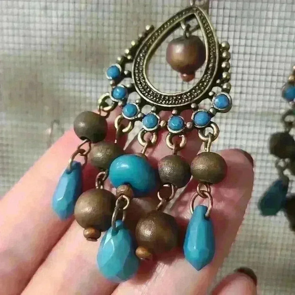 Vintage beads drop earrings  chandelier style blue/ brown beads  brass tone - Picture 5 of 12